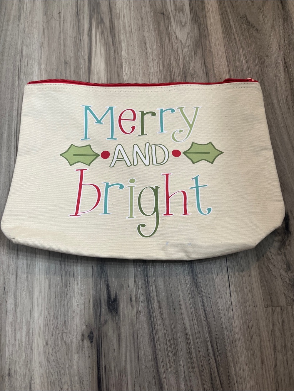 thirty-one Merry and Bright Cream Canvas Pouch with Red Trim
